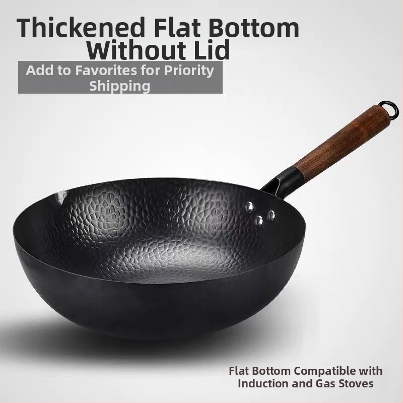 Željezni wok, ručno kovan, s višeslojnom dnom, poklopac od nehrđajućeg čelika sa staklom, pogodan za plinsku ploču