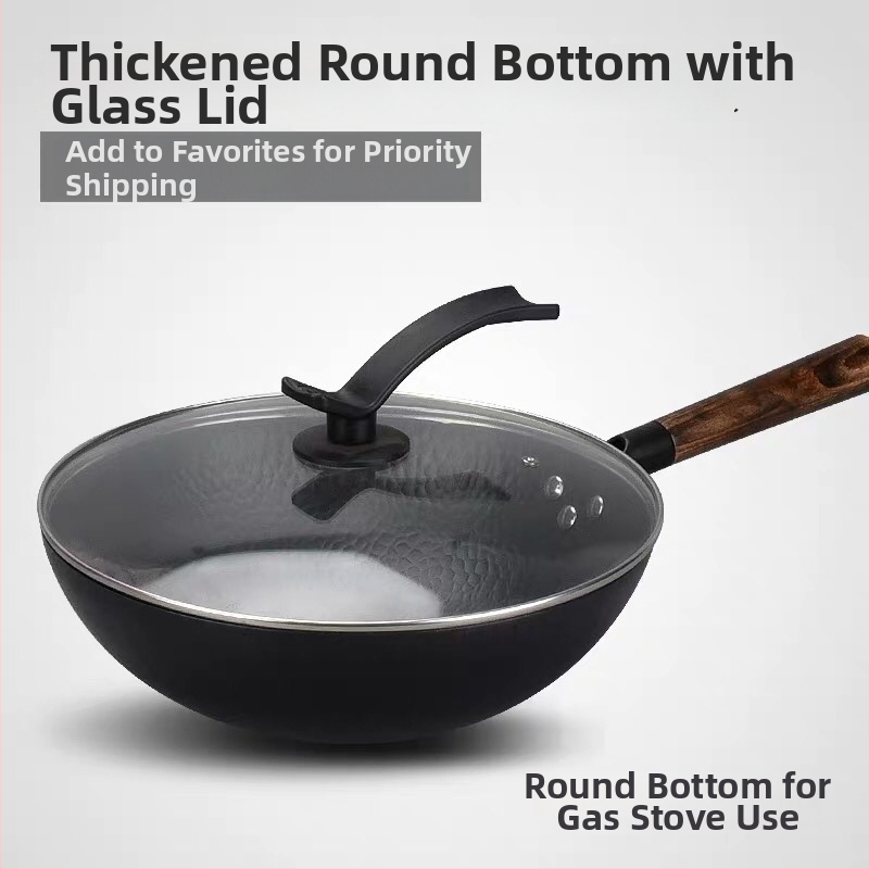Željezni wok, ručno kovan, s višeslojnom dnom, poklopac od nehrđajućeg čelika sa staklom, pogodan za plinsku ploču