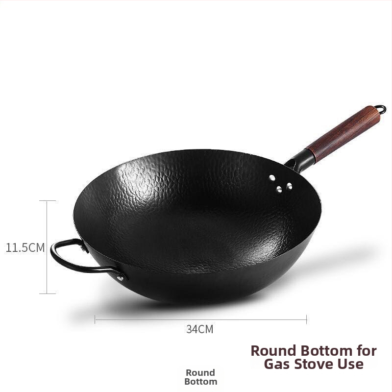 Željezni wok, ručno kovan, s višeslojnom dnom, poklopac od nehrđajućeg čelika sa staklom, pogodan za plinsku ploču