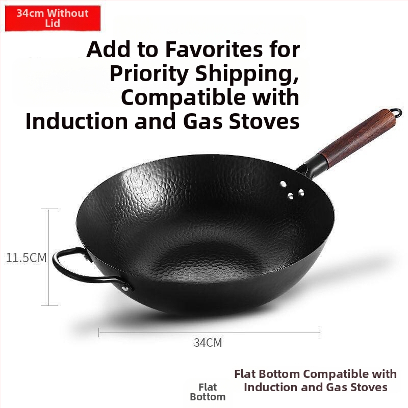 Željezni wok, ručno kovan, s višeslojnom dnom, poklopac od nehrđajućeg čelika sa staklom, pogodan za plinsku ploču