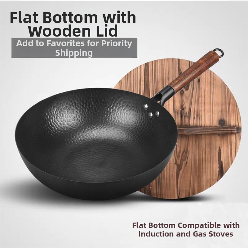 Željezni wok, ručno kovan, s višeslojnom dnom, poklopac od nehrđajućeg čelika sa staklom, pogodan za plinsku ploču