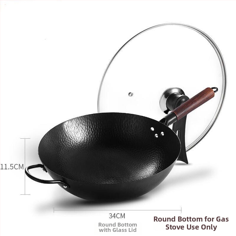 Željezni wok, ručno kovan, s višeslojnom dnom, poklopac od nehrđajućeg čelika sa staklom, pogodan za plinsku ploču