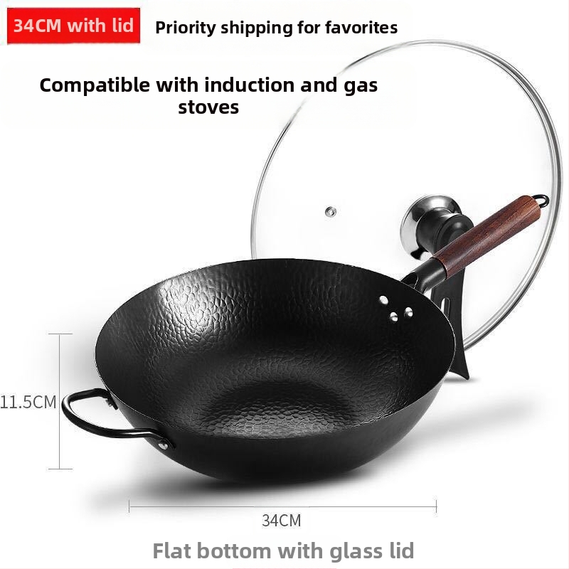 Željezni wok, ručno kovan, s višeslojnom dnom, poklopac od nehrđajućeg čelika sa staklom, pogodan za plinsku ploču