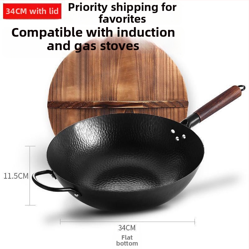 Željezni wok, ručno kovan, s višeslojnom dnom, poklopac od nehrđajućeg čelika sa staklom, pogodan za plinsku ploču