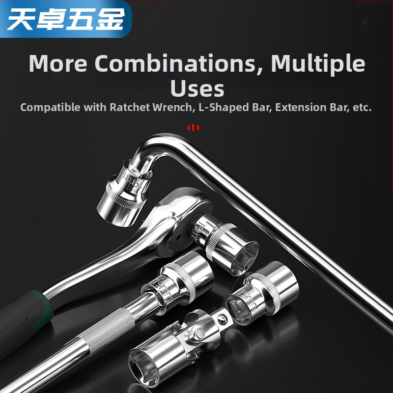 Krátka rýchlovrát s 6-uholnou hlavou, predĺženie tyče a univerzálny kĺb; materiál: chróm-vanádium oceľ; leštený povrch