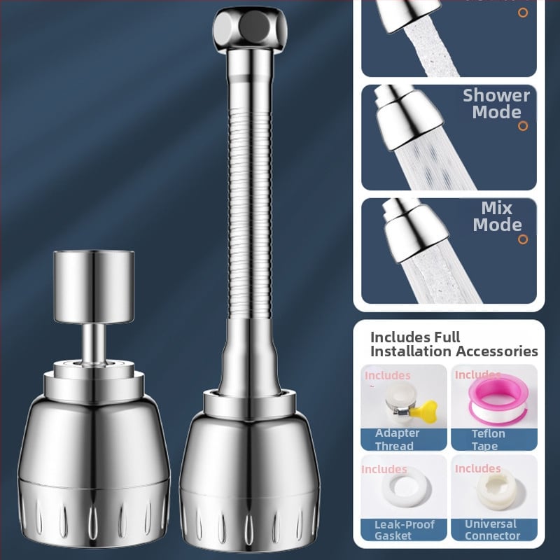 Konyhai csaptele meghosszabbítója, univerzális forgó fej, nyomás alatti permetezés elleni védelem, rozsdamentes acél