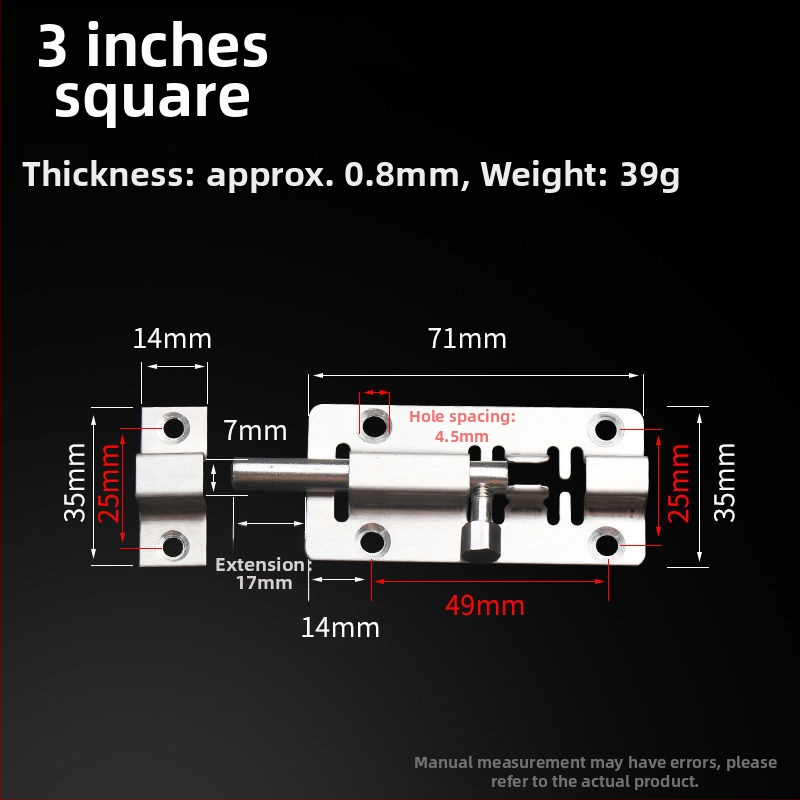Неръждаема стомана, удебелен болтов заключващ лост за врати, за дървени врати, анти-крадба, за баня