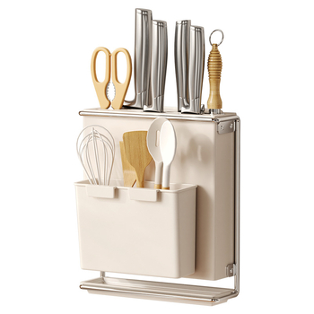 Стенно монтиран държач за кухненски ножове с държач за клечки за хранене и рафт за отцеждане – без пробиване, въглеродна стомана