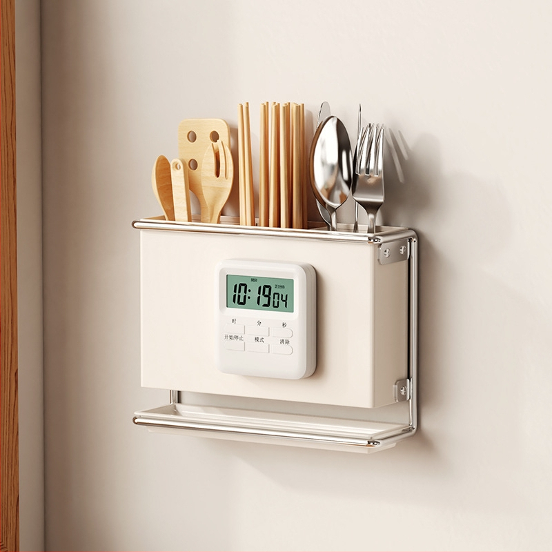 Стенно монтиран държач за кухненски ножове с държач за клечки за хранене и рафт за отцеждане – без пробиване, въглеродна стомана