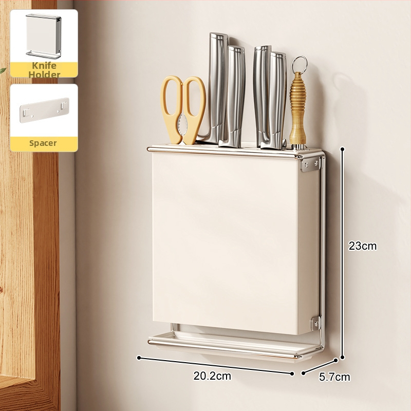 Стенно монтиран държач за кухненски ножове с държач за клечки за хранене и рафт за отцеждане – без пробиване, въглеродна стомана