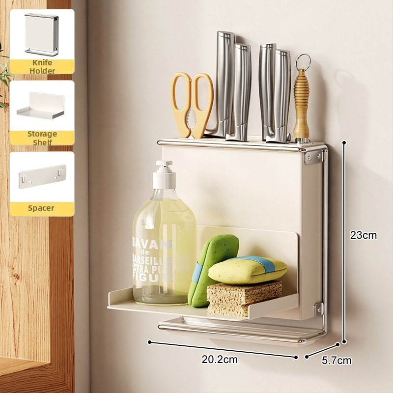 Стенно монтиран държач за кухненски ножове с държач за клечки за хранене и рафт за отцеждане – без пробиване, въглеродна стомана