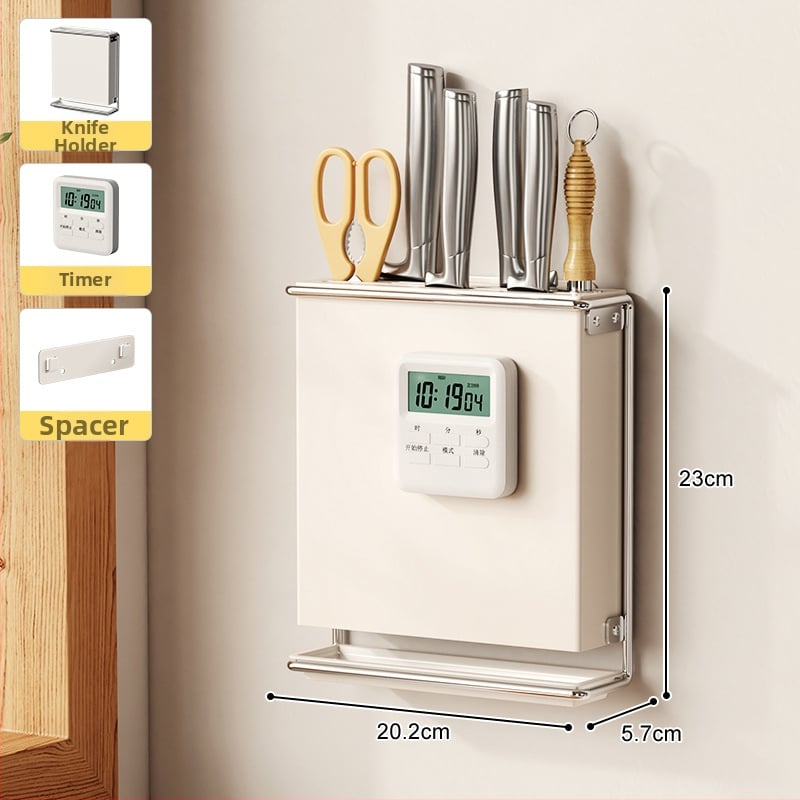 Стенно монтиран държач за кухненски ножове с държач за клечки за хранене и рафт за отцеждане – без пробиване, въглеродна стомана