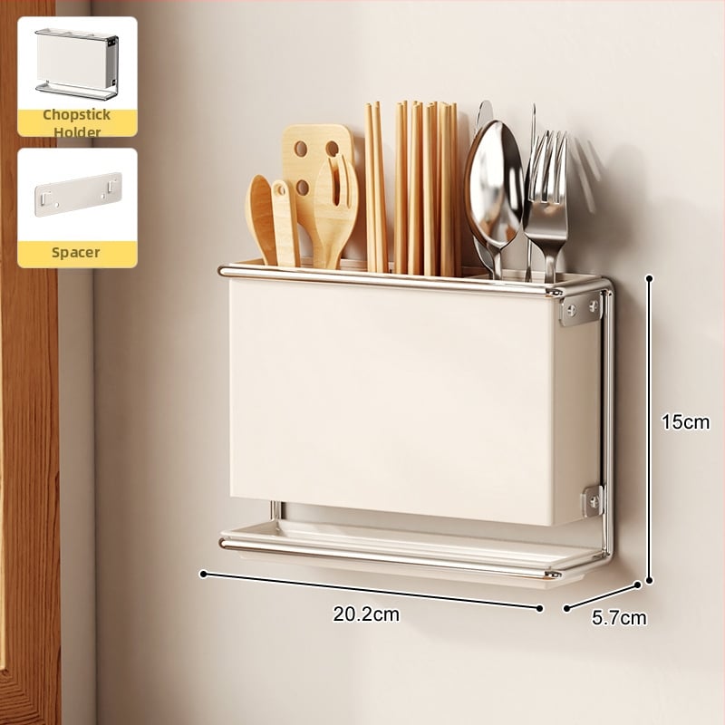 Стенно монтиран държач за кухненски ножове с държач за клечки за хранене и рафт за отцеждане – без пробиване, въглеродна стомана