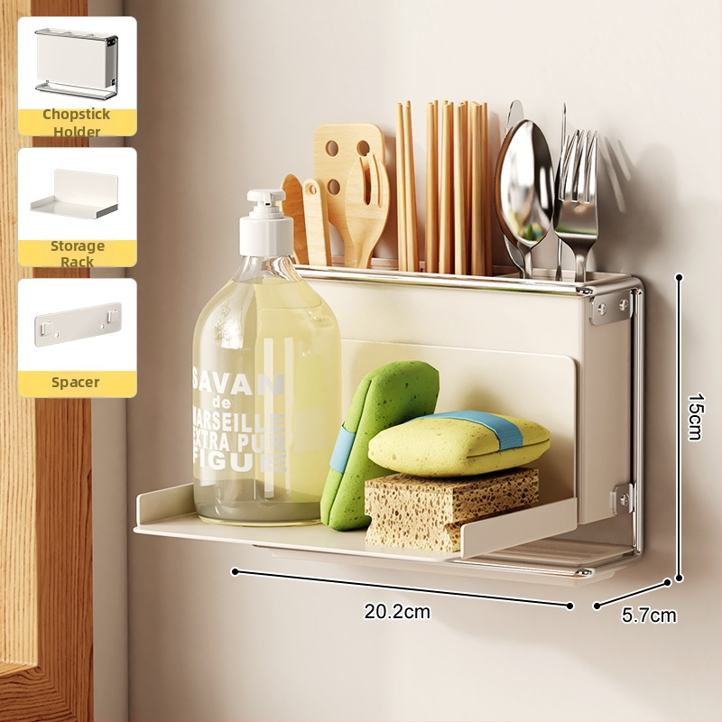 Стенно монтиран държач за кухненски ножове с държач за клечки за хранене и рафт за отцеждане – без пробиване, въглеродна стомана