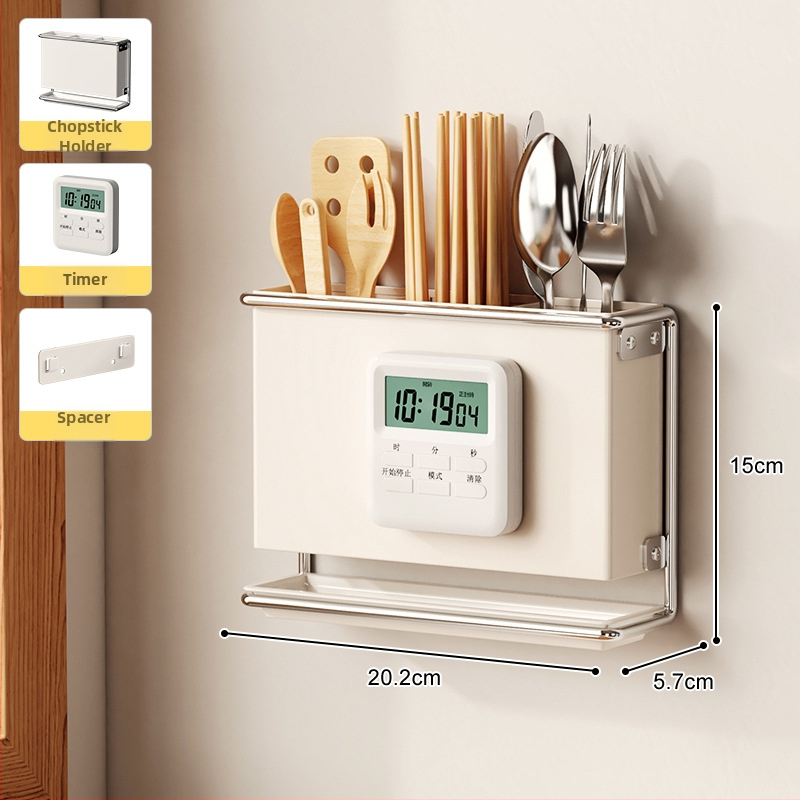 Стенно монтиран държач за кухненски ножове с държач за клечки за хранене и рафт за отцеждане – без пробиване, въглеродна стомана