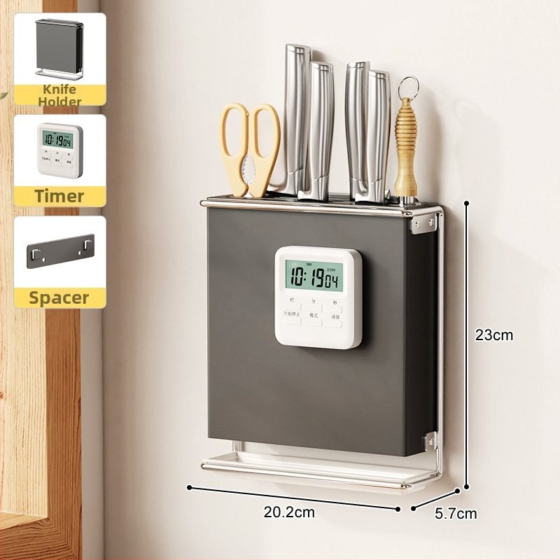Стенно монтиран държач за кухненски ножове с държач за клечки за хранене и рафт за отцеждане – без пробиване, въглеродна стомана
