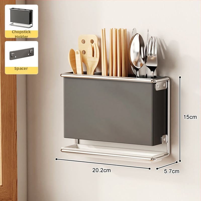 Стенно монтиран държач за кухненски ножове с държач за клечки за хранене и рафт за отцеждане – без пробиване, въглеродна стомана