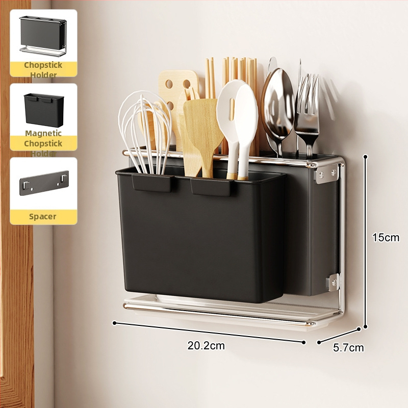 Стенно монтиран държач за кухненски ножове с държач за клечки за хранене и рафт за отцеждане – без пробиване, въглеродна стомана