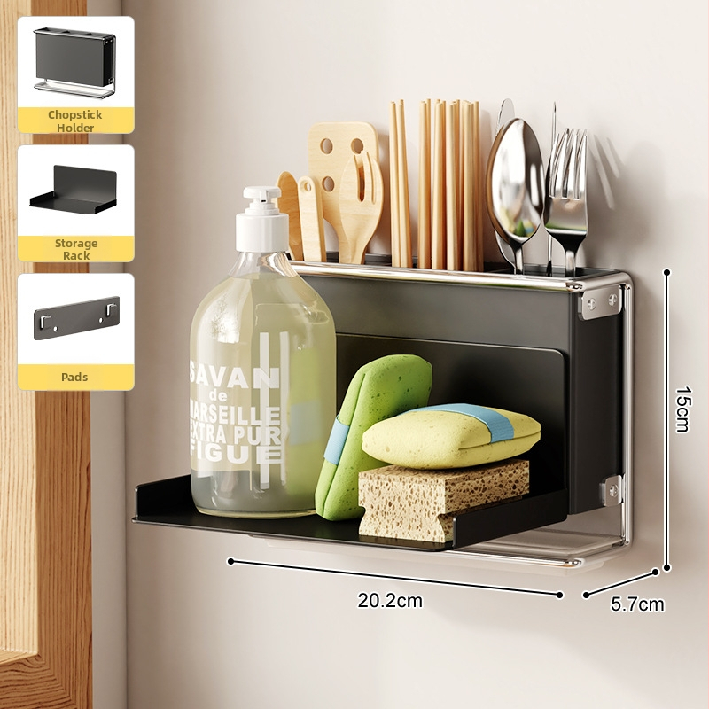 Стенно монтиран държач за кухненски ножове с държач за клечки за хранене и рафт за отцеждане – без пробиване, въглеродна стомана