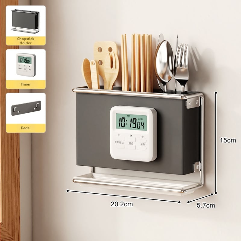 Стенно монтиран държач за кухненски ножове с държач за клечки за хранене и рафт за отцеждане – без пробиване, въглеродна стомана