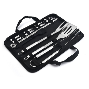 Set alata za vanjski roštilj od nehrđajućeg čelika u platnenoj torbi – rukavice, nož, klipsa, četka, vilica, znak, lopata; materijal: nehrđajući čelik; 12 setova po kutiji; brend Feng rui