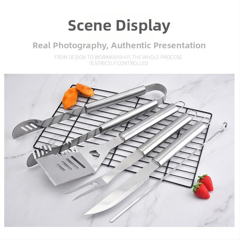 Záhradná súprava na gril z nehrdzavejúcej ocele v látkovej taške – rukavice, nôž, klips, kefka, vidlica, znak, lopatka; materiál: nehrdzavejúca oceľ; 12 sád v krabici; značka Feng rui