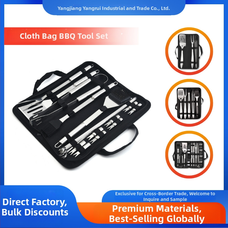 Záhradná súprava na gril z nehrdzavejúcej ocele v látkovej taške – rukavice, nôž, klips, kefka, vidlica, znak, lopatka; materiál: nehrdzavejúca oceľ; 12 sád v krabici; značka Feng rui