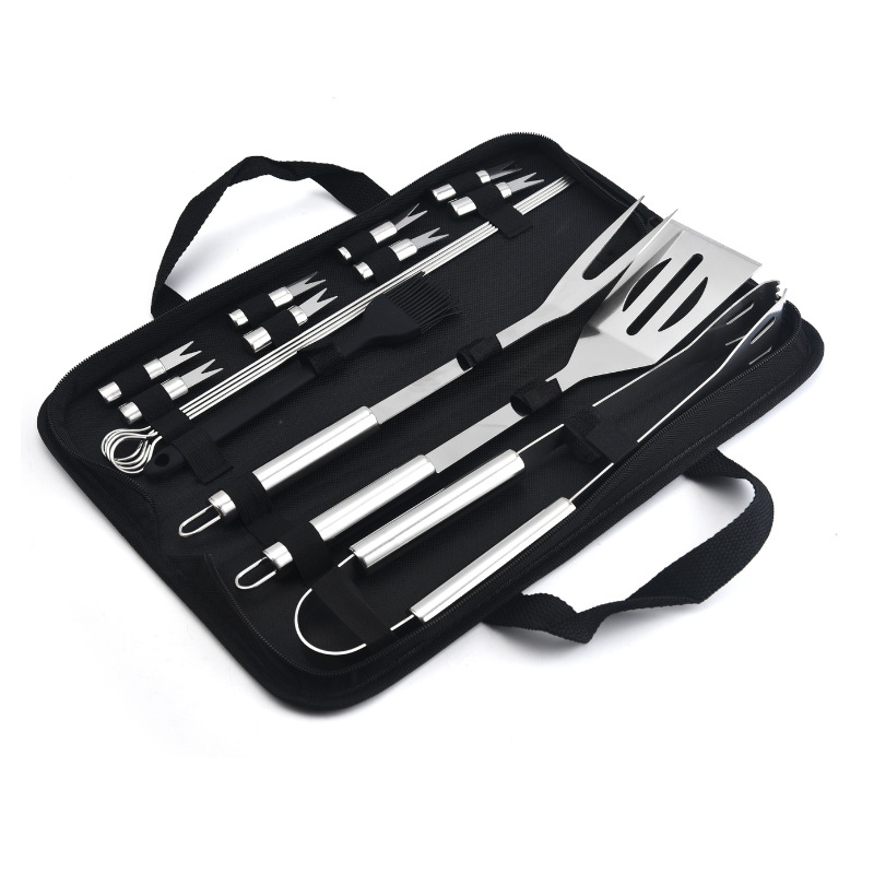 Set alata za vanjski roštilj od nehrđajućeg čelika u platnenoj torbi – rukavice, nož, klipsa, četka, vilica, znak, lopata; materijal: nehrđajući čelik; 12 setova po kutiji; brend Feng rui