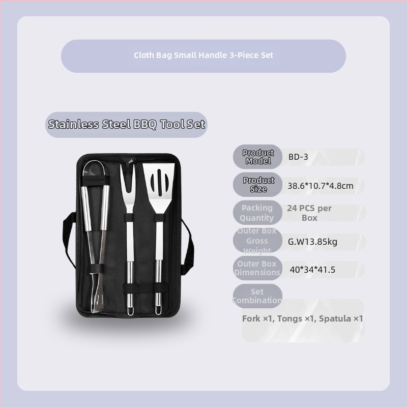 Záhradná súprava na gril z nehrdzavejúcej ocele v látkovej taške – rukavice, nôž, klips, kefka, vidlica, znak, lopatka; materiál: nehrdzavejúca oceľ; 12 sád v krabici; značka Feng rui