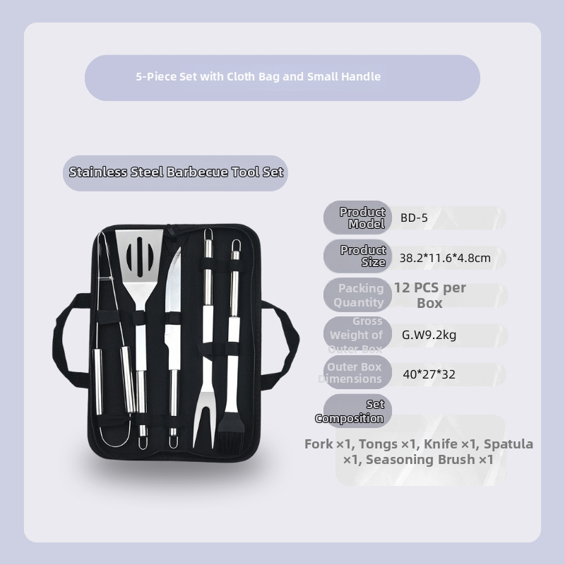 Záhradná súprava na gril z nehrdzavejúcej ocele v látkovej taške – rukavice, nôž, klips, kefka, vidlica, znak, lopatka; materiál: nehrdzavejúca oceľ; 12 sád v krabici; značka Feng rui