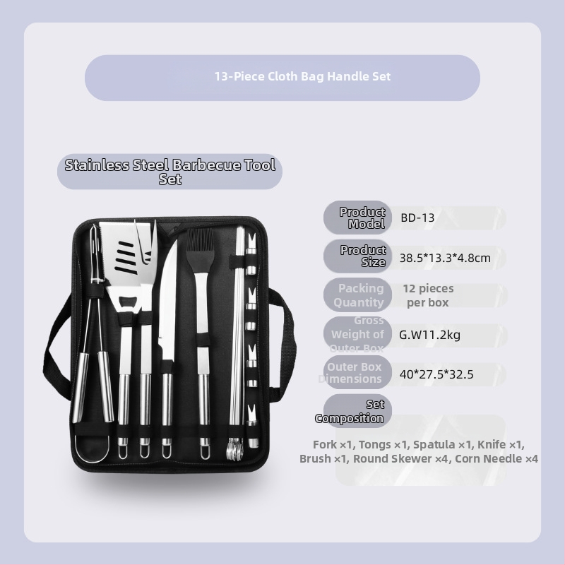 Záhradná súprava na gril z nehrdzavejúcej ocele v látkovej taške – rukavice, nôž, klips, kefka, vidlica, znak, lopatka; materiál: nehrdzavejúca oceľ; 12 sád v krabici; značka Feng rui