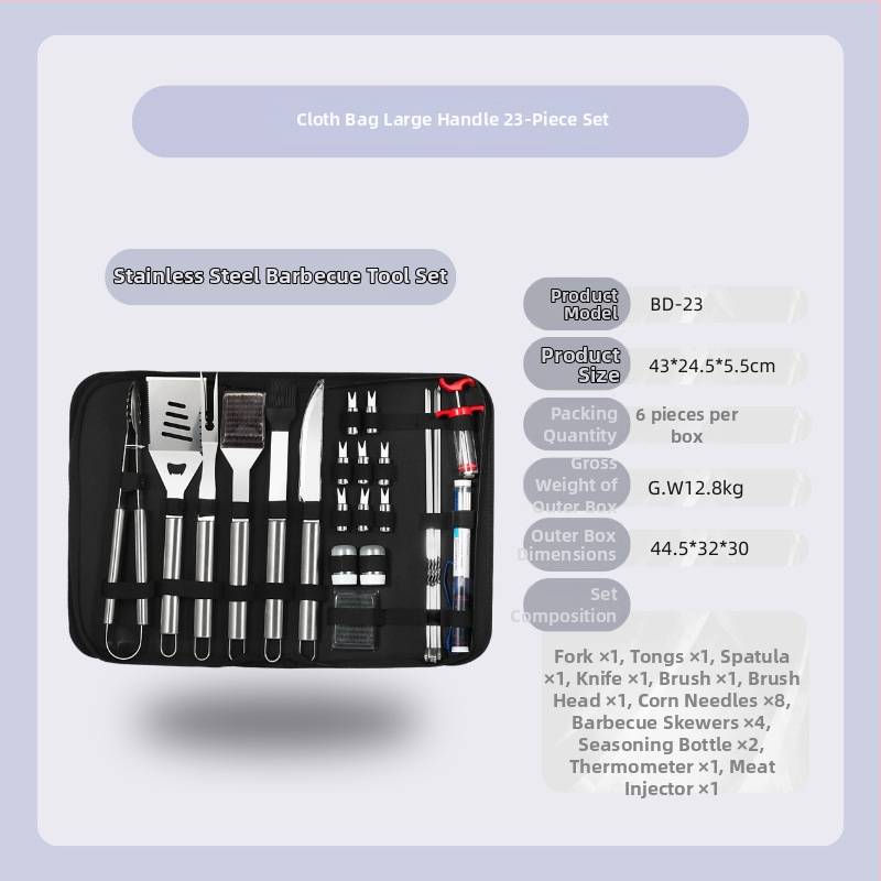 Záhradná súprava na gril z nehrdzavejúcej ocele v látkovej taške – rukavice, nôž, klips, kefka, vidlica, znak, lopatka; materiál: nehrdzavejúca oceľ; 12 sád v krabici; značka Feng rui