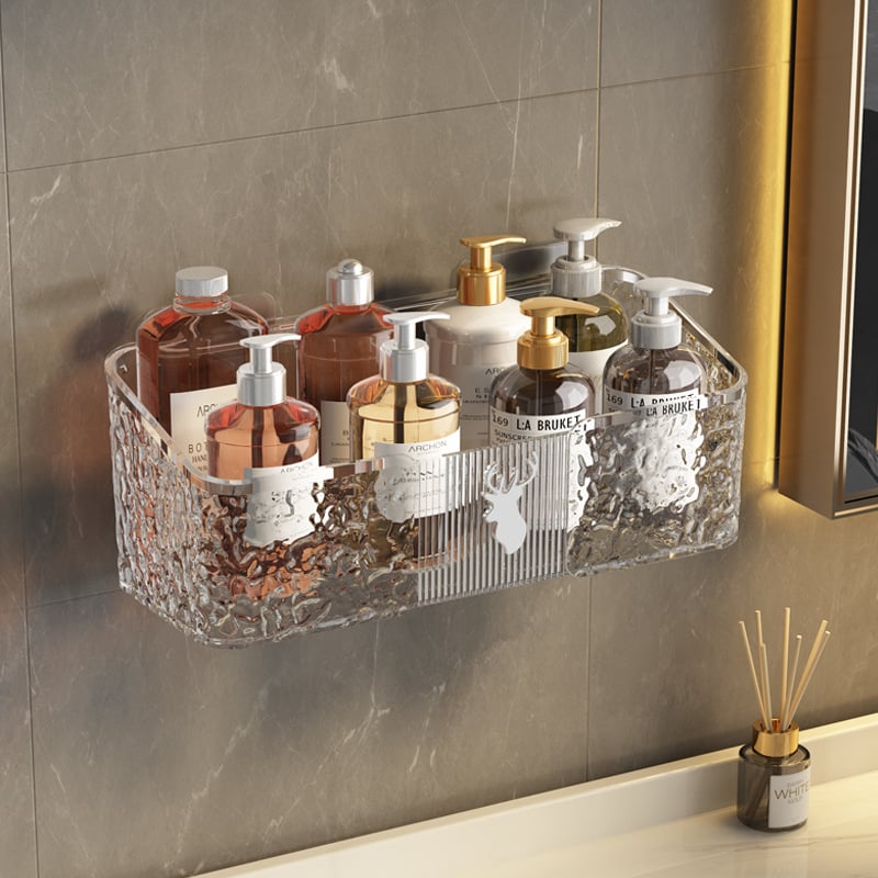 Fürdőszobai falra szerelhető tároló doboz tusfürdőhöz, PET anyag, modell 8002, minimalista stílus, 1 polc, teherbírás 1–5 kg