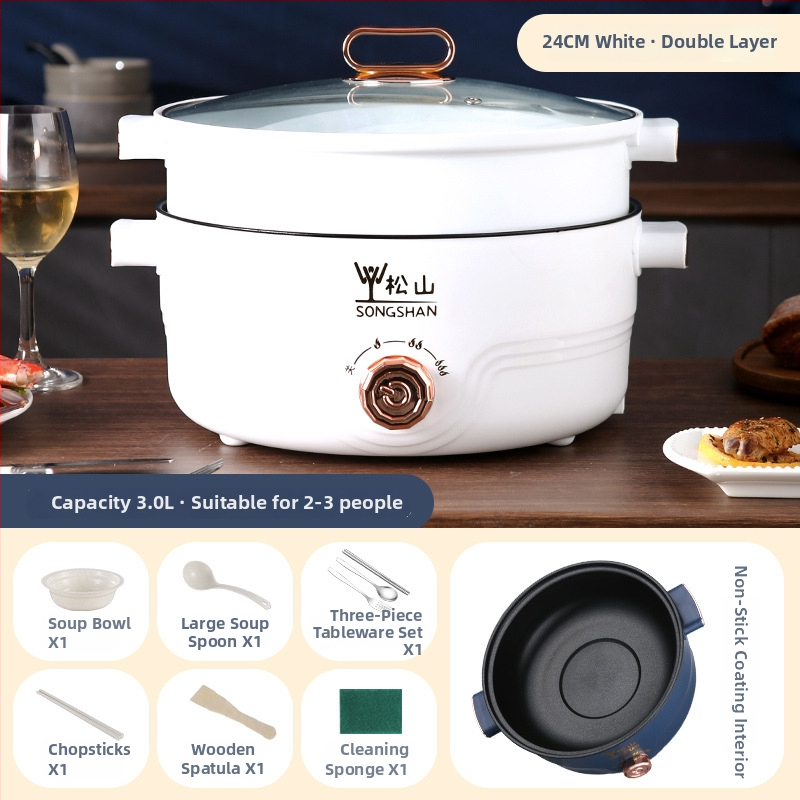 Viacúčelový elektrický hrniec na domáce použitie s parením a varom, objem 4,1–6 l, pre 2–3 osoby, vnútorná nádoba s neprilnavým povrchom, ovládanie otáčaním, dvojúrovňový dizajn