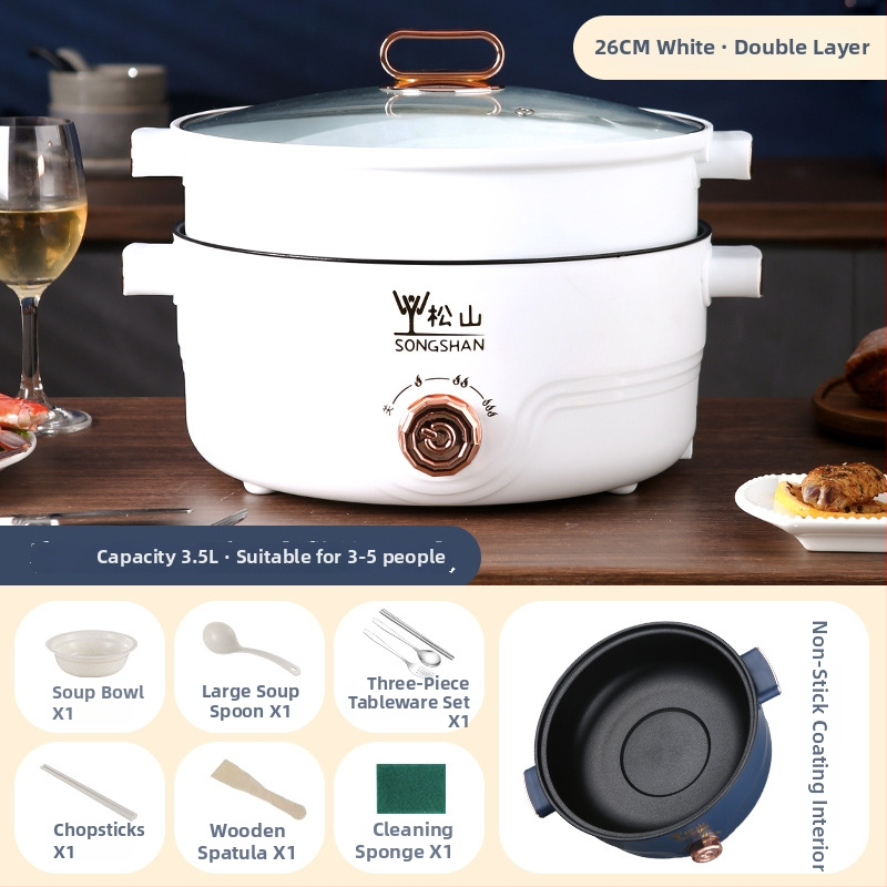 Viacúčelový elektrický hrniec na domáce použitie s parením a varom, objem 4,1–6 l, pre 2–3 osoby, vnútorná nádoba s neprilnavým povrchom, ovládanie otáčaním, dvojúrovňový dizajn