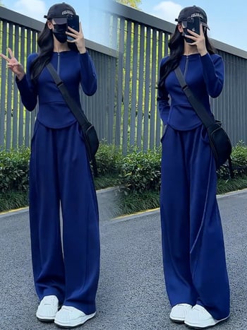 Női téli kétszemélyes sportos szett – pulóver félcipzárral és széles szárú nadrággal, patchwork dizájn, poliészter/elasztán alapanyag, 2024 tél