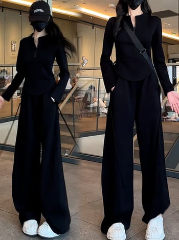 Női téli kétszemélyes sportos szett – pulóver félcipzárral és széles szárú nadrággal, patchwork dizájn, poliészter/elasztán alapanyag, 2024 tél