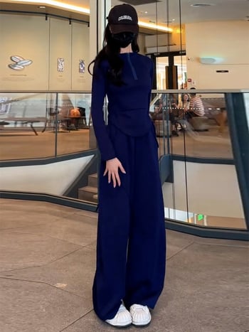 Női téli kétszemélyes sportos szett – pulóver félcipzárral és széles szárú nadrággal, patchwork dizájn, poliészter/elasztán alapanyag, 2024 tél