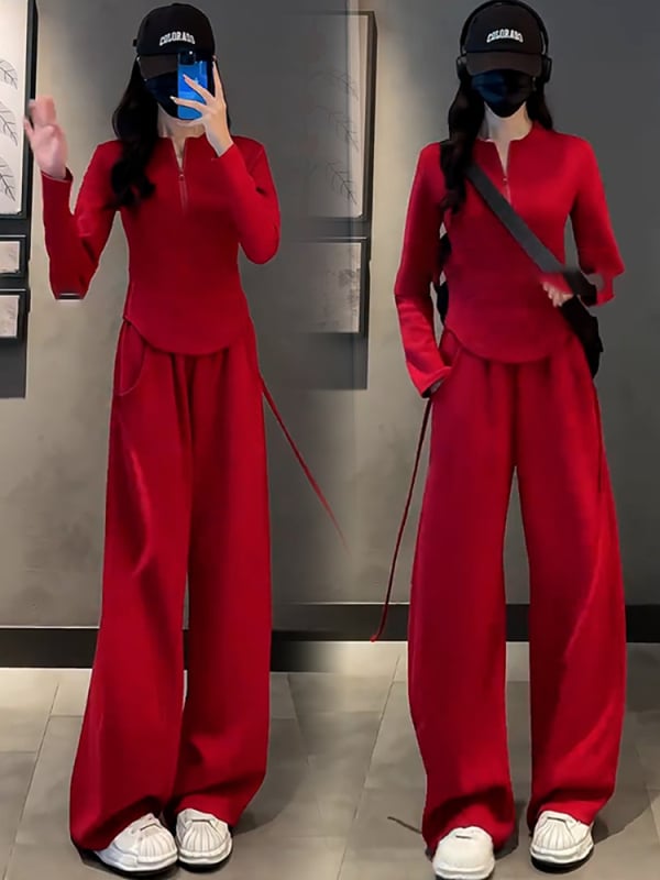 Női téli kétszemélyes sportos szett – pulóver félcipzárral és széles szárú nadrággal, patchwork dizájn, poliészter/elasztán alapanyag, 2024 tél