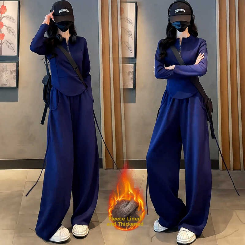 Női téli kétszemélyes sportos szett – pulóver félcipzárral és széles szárú nadrággal, patchwork dizájn, poliészter/elasztán alapanyag, 2024 tél