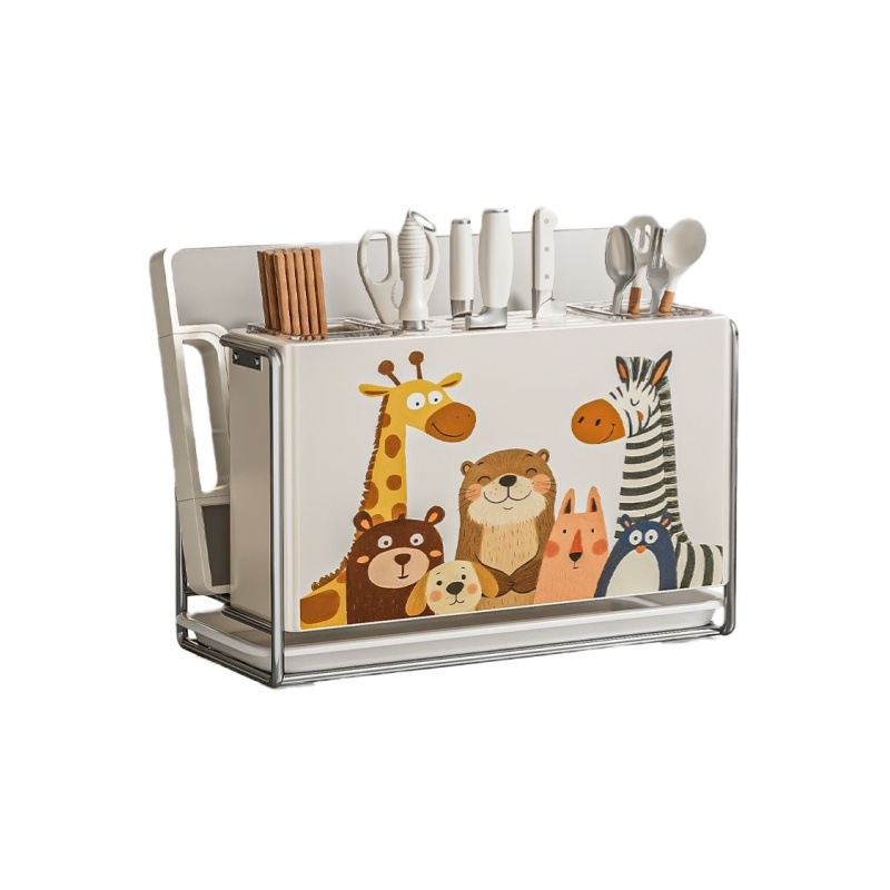 Държач за ножове, държач за пръчки и дъска за рязане; стенен кухненски организатор с интегриран двуфункционален сушилен държач; въглеродна стомана