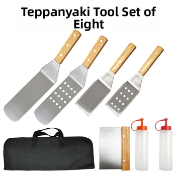 8-dielny set nástrojov na grilovanie z nehrdzavejúcej ocele s nožom a lopatkou, v taške Oxford z látky, drevo, nehrdzavejúca oceľ a silikónové diely, moderný minimalistický dizajn pre vonkajšie varenie