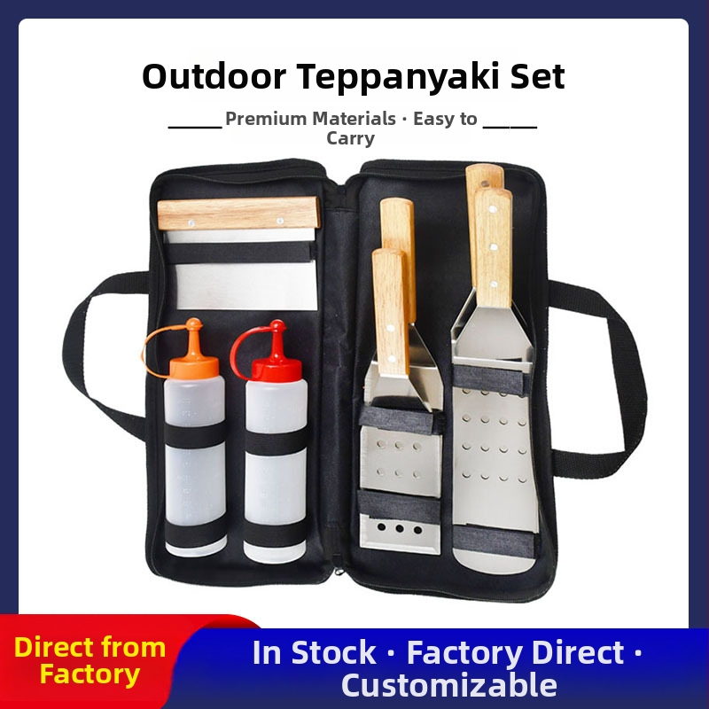 8-dielny set nástrojov na grilovanie z nehrdzavejúcej ocele s nožom a lopatkou, v taške Oxford z látky, drevo, nehrdzavejúca oceľ a silikónové diely, moderný minimalistický dizajn pre vonkajšie varenie