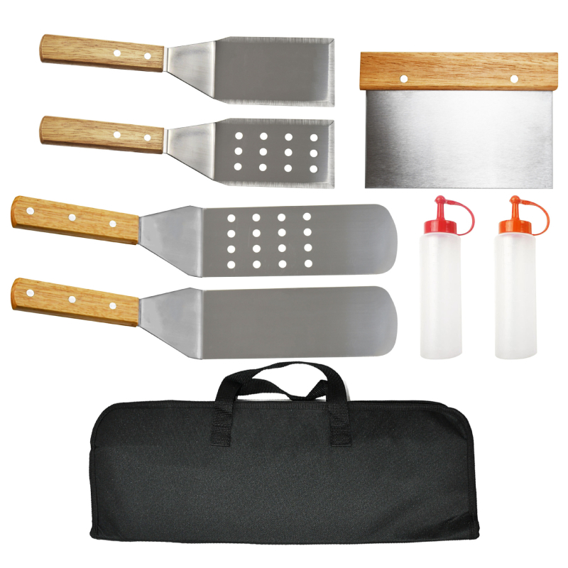 8-dijelni set BBQ alata od nehrđajućeg čelika s nožem i lopaticom, u Oxford torbi, drvo, nehrđajući čelik i silikon, moderan minimalistički dizajn za vanjsku pripremu hrane