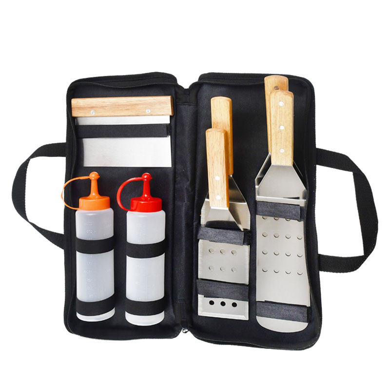 8-dijelni set BBQ alata od nehrđajućeg čelika s nožem i lopaticom, u Oxford torbi, drvo, nehrđajući čelik i silikon, moderan minimalistički dizajn za vanjsku pripremu hrane