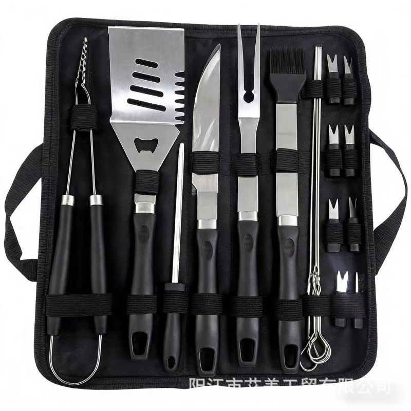 Prijenosni set za roštilj od 410 nehrđajućeg čelika s ručkom u obliku tikve, u torbi od Oxford platna — uključuje nož, klipsu, četku, vilicu, ražnjić i lopaticu