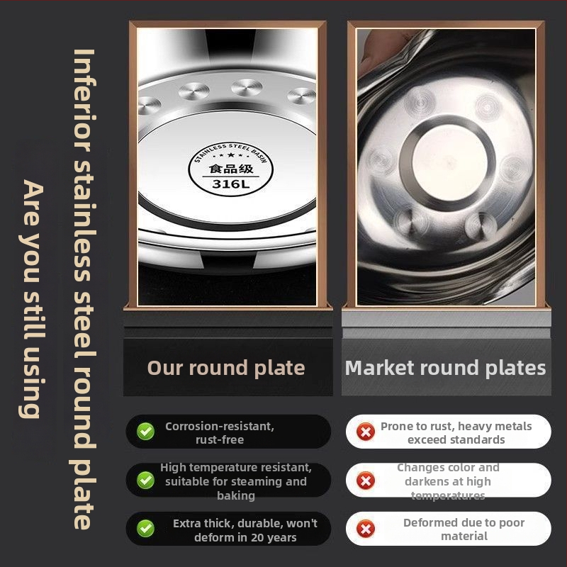 Кръгла чиния от 316 неръждаема стомана, матова повърхност, неподходяща за микровълнова, не е внесена