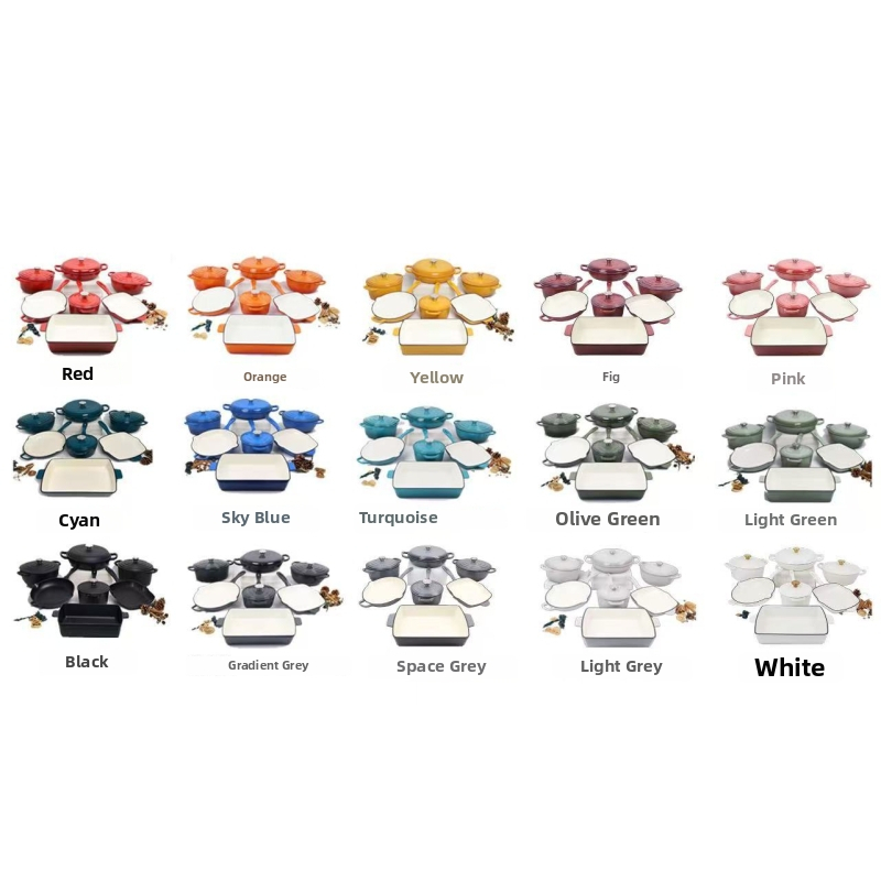 Sada riadu zo smaltovanej liatiny, 7 dielov, s tepelnou izoláciou, nepriľnavé povrchy, liatinový poklop, model FP0102