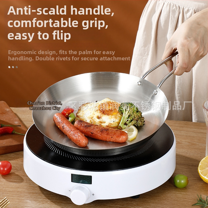 Panvica na smaženie z potravinárskej nerezovej ocele 201, trojvrstvová hrubá konštrukcia pre rovnomerné šírenie tepla, proti popáleniu rukoväť, vhodná na smaženie steakov, vajec a palaciniek