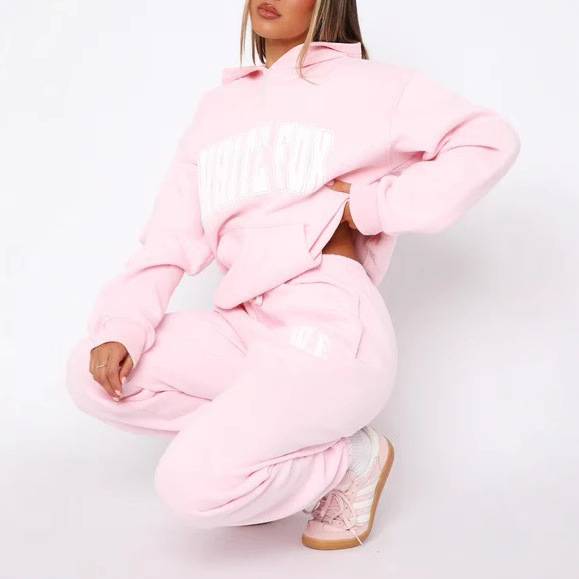 Ženski dvodijelni set s kapuljačom i hlačama, tisak s slovima, dugi rukavi, poliester-spandeks materijal, proljeće 2025